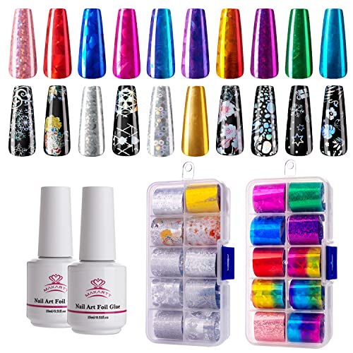 Makartt Nail Foil Nail Art Foil Glue Gel with Starry Sky Star Foil Stickers Set Nail Transfer Tips Foil Nail Art Accessories Manicure DIY 15ML 20PCS(2.5cm100cm) Christmas Sticker Nail Lamp Required Makartt