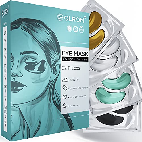 Olrom Eye Mask - 4 Kits Under Eye Patches: Gold Collagen Eye Pads, Detox Dead Sea Mineral Gel Eye Mask, Aloe Anti-Aging Hyaluronic Acid Eye Patches, Moisturizing Coconut Milk Face Under Eye Mask EyeShadow 16 Pairs Olrom