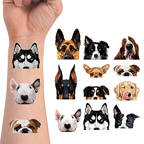 WIRESTER Temporary Tattoo Stickers for Girls Boys Kids Adults, Fake Tattoos on Face Hand Neck Wrist Party Favor Body Art, Tattoo Sheet 6 x 7.87 inch - Dog Designs (Basset Hound, Chihuahua, Bulldog) WIRESTER