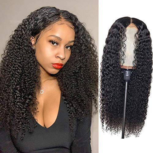 BLY Kinky Curly Lace Front Wigs for Black Women Human Hair Pre Plucked Knots Bleached 4x4 Lace Closure Wig Deep Curly Hair 150% Density 1B Black Color 26 Inch BLY