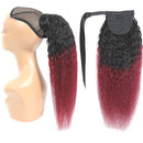 Feelgrace 100% Brazilian Human Hair Extension Wrap Around Kinky Straight Ponytail Hairpiece Ombre Burgundy Magic Paste 3C Yaki Straight Pony Tail Clip In Hairpiece 18 Inches Feelgrace