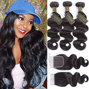 QTHAIR 12A Grade Brazilian Hair Body Wave 3 Bundles with Closure Free Part Double Weft Brazilian Body Wave Hair Bundles 100% Unprocessed Virgin Human Hair Extension Natural Color (20 22 24+20) QTHAIR