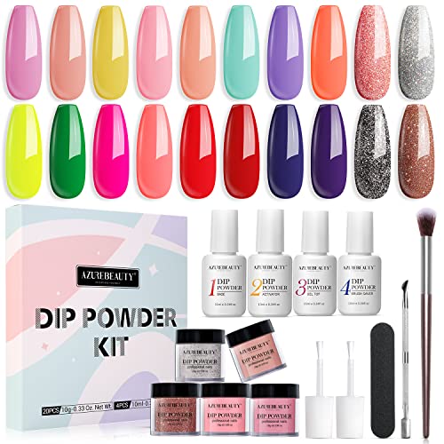 29 Pcs Dip Powder Nail Kit Starter, AZUREBEAUTY 20 Colors Dark Reddish Red Pastel Acrylic Burnt Orange Dipping Powder Liquid Set with Base & Top Coat/Brush Saver for French Nails Art Manicure DIY Salon AZUREBEAUTY