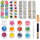 Makartt Nail Decorations Kit with Galaxy Sticks Holographic Nail Powder Pen Bundle, Nail Glitters Nail Rhinestones 3D Butterfly Dried Flowers with Nail Tweezers, Chrome Nail Powder Air Cushion Pen Makartt