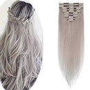 Hairro Clip in Hair Extensions 100% Human Hair Thin Grey 12 Inch Short Straight Human Hair Clip on Hairpieces 55g Machine Weft 8pcs 18 Clips for Women Hairro