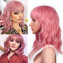 Relena Pastel Wavy Pink Wig with Bangs Short Wavy Bob Wig for Women Shoulder Length Curly Bob Wig Women's Cosplay Wig Synthetic Colorful Costume Wigs(14", Pink) Relena