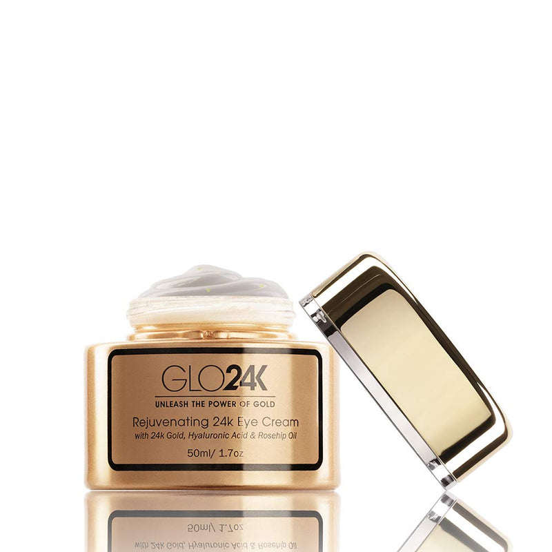 GLO24K Complete Eye Care Set with our 24k Instant Facelift Cream, Eye Cream, and Eye Serum. Formulated to Treat the Delicate Skin around the Eyes. GLO24K UNLEASH THE POWER OF GOLD
