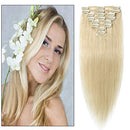 Benehair Clip in Hair Extensions Platinum Blonde 12 inch Remy Human Hair Skin Weft Clip ins Full Head 8pcs 18 Clips Soft Straight Hair for Women Party 8-24 inch Highlighted Ombre 55g