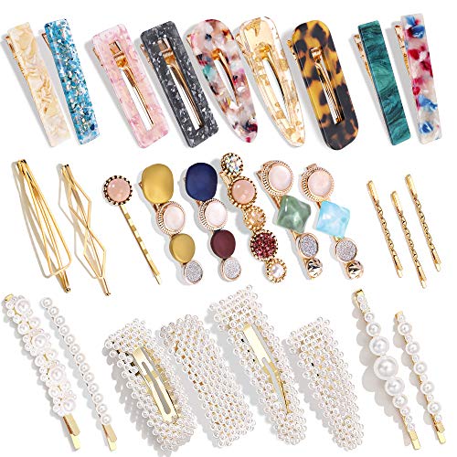 28 PCS Hingwah Pearls and Acrylic Resin Hair Clips, Handmade Hair Barrettes, Marble Alligator bobby pins, Glitter Crystal Geometric Hairpin, Elegant Gold Hair Accessories, Gifts for Women Girls Magicsky