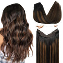 GOO GOO Human Hair Extensions Halo Hair, Balayage Natural Black Mixed Brown 75g 14 Inch Real Invisible Wire Hair Extensions for Women Straight Hair Extensions Fish Line Halo Extensions GOO GOO
