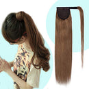 Ponytail Extensions Wrap Around Clip in Human Hair Ponytail Remy Human Hair Pony Tails Hairpiece Long Straight Comb Binding One Piece for Women Girl 16 inch Light Brown
