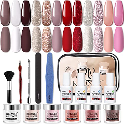 REDNEE Dip Powder 12 Colors Nail Starter Kit with Base Activator and Top Coat 22pcs Gift Set for Nail Art - RE08 Inviting Color REDNEE