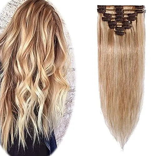 20 Inch Clip in Hair Extensions Human Hair Thin Standard Weft 8 Pcs Clip on Human Hairpieces Highlighted Silky Straight Hair for Women Beauty Balayage
