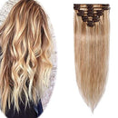 Clip in Hair Extensions16 Inch Human Hair Highlight 65g Thin Standard Weft 8 Pcs 18 Clips Human Hair Clip on Hairpieces Straight for Women Balayage