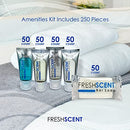 Freshscent Hotel Collection 250 Piece Set. Travel Size Amenities Bulk Toiletries Kit of 50 Each 1oz tubes Shampoo, Conditioner, Body Wash and Lotion. 50 Bars 1oz Soap Infinity Warehouse