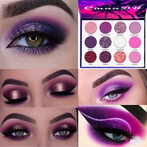 12 Colors Glitter Purple Pink Cheap Eyeshadow Makeup Palette Pallets,Bright High Pigmented Metallic Shimmer Rainbow Colorful Pressed Glitter Eyeshadow Eye Glitter Makeup Palette Pallets Set for Girls BINGBRUSH