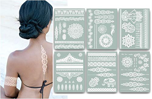 Terra Tattoos White Henna Temporary Tattoos 75+ Mandala Tattoos Flowers, Mandalas, Elephants & more! Waterproof Nontoxic Long Lasting Perfect for Beach, Festivals, & Parties Terra Tattoos
