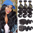 QTHAIR 12A Grade Brazilian Virgin Hair Body Wave 3 Bundles With Lace Closure Unprocessed Human Hair Extensions Weave Natural Black Color (12 14 14+10 Inch Closure, Middle Part) QTHAIR