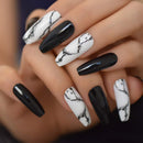 CoolNail 28pcs Glossy Ballerina Coffin Long Fake Nail White Black Gradient Marble Black Pre Design Full Cover Press on False Nail Art Tips Coolnail
