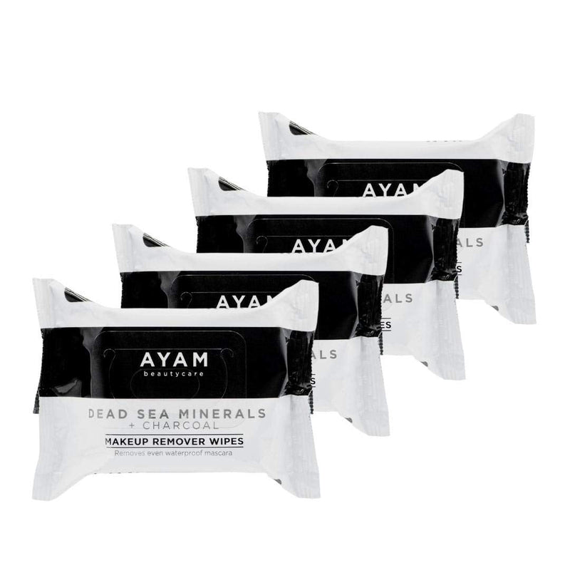 AYAM Beautycare Dead Sea Minerals + Charcoal Makeup Remover Wipes 4 Pack, Cleansing Towelettes, Removes Makeup, Deep clean, Purify and Exfoliates skin, Safe for Sensitive Skin, 25 Count each Ayam Beautycare