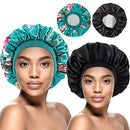 Kenllas Satin Sleep Cap for Women - Large Bonnet 2 PCS Extra Soft Elastic Band Sleeping Caps for Long Loss Frizzy Curly Dreadlock Braid Hair(Large-Double Layer, Black&Green) Kenllas