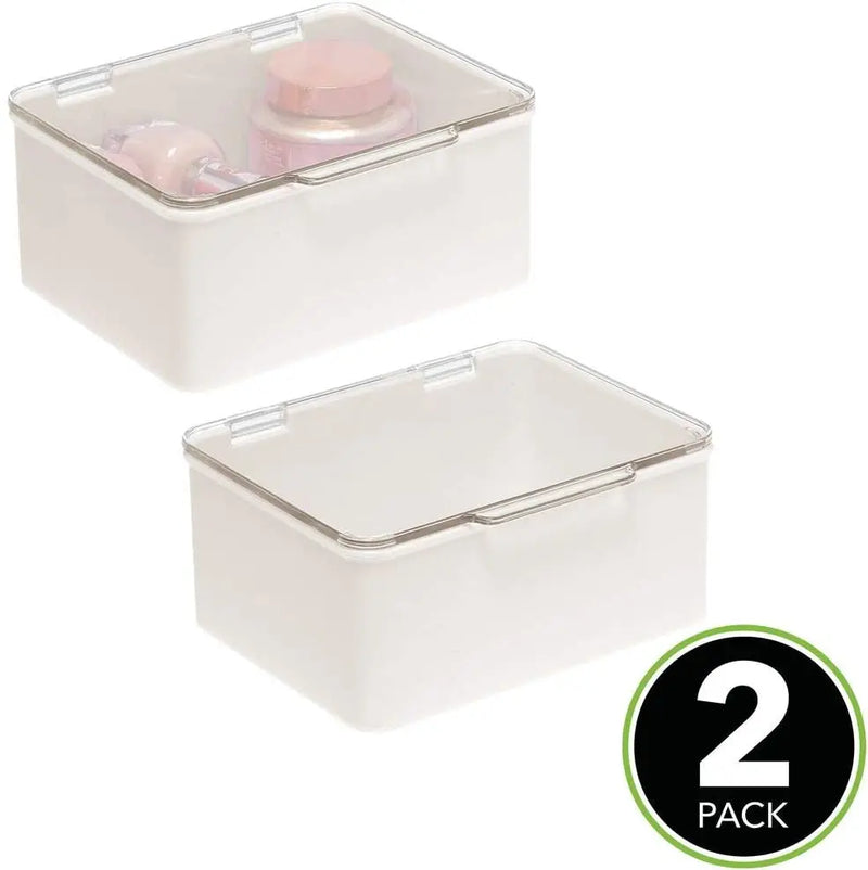 mDesign Plastic Stackable Bathroom Vanity Countertop Storage Cosmetic Organizer Box with Hinged Lid for Makeup, Beauty, Hair, Nail Supplies - 2 Pack - Cream/Clear mDesign Store