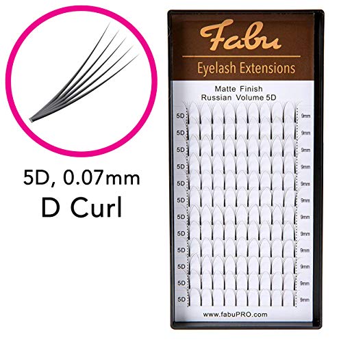 Professional Premade Fans for Lash Extensions – Handmade Russian Volume Lash Fan Tray – Natural Look, Cruelty-Free Mink Lashes for False Eyelash Extension Kit by Fabu, Matte Black, 5D 0.07 D-curl 9mm Fabu