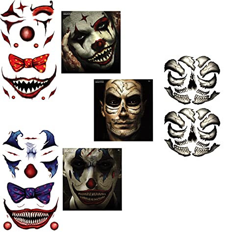 Halloween Realistic Temporary Costume American Made Make Up Face/Body Tattoo Kit Men or Women - (Scary Clown, Confused Clown, Skull) - 3 Kits Halloween Costume Tattoo