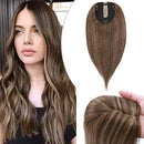 Hairro 16 Inch Silk Base Clip in Human Hair Topper for Women Highlight Medium Brown to Dark Blonde Crown Top Clip on Toupee Extensions with 4 Clips Filler Hairpiece for Thinning Hair