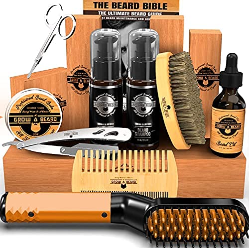 Beard Straightener Grooming Kit for Men, 2 Oz Growth Oil, 2 Oz Sandalwood Balm, Beard Wash, Beard Brush & Comb, Beard Conditioner, Beard Razor and Scissors, & Beard E-Book, Great for Christmas Gift GROW ALPHA BEARD