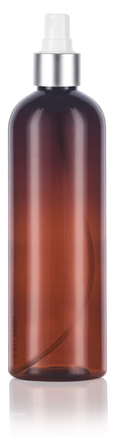 12 oz Amber Slim Tall Boston Round Plastic PET Bottle (BPA Free) with Silver Fine Mist Spray (6 pack) JUVITUS