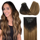 GOO GOO Seamless Hair Extensions Clip in 18 Inch Balayage Dark Brown Fading to Chestnut Brown and Dirty Blonde Hair Extensions 130g 7pcs Remy Hair Extensions with PU Weft Thick Clip in Hair for Women GOO GOO