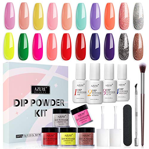 29 Pcs Dip Powder Nail Kit Starter, AZUREBEAUTY 20 Colors Dark Reddish Red Pastel Acrylic Burnt Orange Dipping Powder Liquid Set with Base & Top Coat/Brush Saver for French Nails Art Manicure DIY Salon AZUREBEAUTY