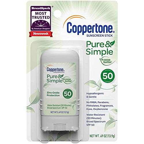 Coppertone Pure and Simple Zinc Oxide Mineral Sunscreen Stick SPF 50, Face Sunscreen Stick, Water Resistant, Broad Spectrum SPF 50 Sunscreen for Sensitive Skin, 0.49 Oz Stick Coppertone