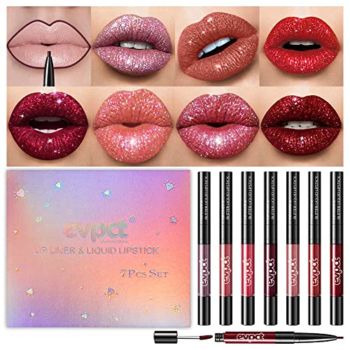 7Pcs Glitter Metallic Lip Liner and Lipstick Set Kit,evpct Matte to Glitter Liquid Lipstick Lip Gloss Set Red Brown Glitter Glossy Sparkly Lipstick Long Lasting with Lip Liner Lipliner Set for Women evpct