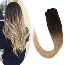 Hairro 100% Human Hair Clip in Extensions Thin 16 Inch Long Straight Ombre Medium Brown to Dark Blonde Human Hair Clip on Hairpieces 65g Machine Weft 8pcs 18 Clips for Women