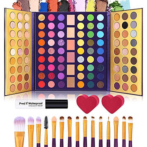UCANBE 5pcs Eyeshadow Makeup Set -114 Shades MIRROR Eye Shadow Palette, 15 Soft Brushes Set, 1 Eye Primer Base, 2 Make up Blending Sponges, All In One Gift Kit UCANBE