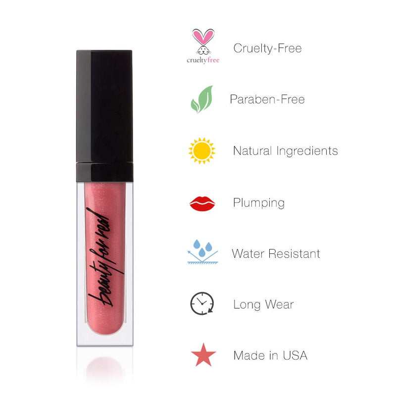 Beauty For Real Lip Gloss + Shine, Kiss Me - Honeysuckle Pink - Non-Sticky Plumping & Hydrating Gloss - Light & Mirror In Cap - Contains Marine Collagen - 0.15 fl oz Beauty For Real