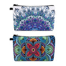 MAGEFY Makeup Bag, 2 Styles Travel Cosmetic Bag for Women Cosmetic pouch Elegant Blue Patterns Zipper Pouch Waterproof Makeup Pouch Cute (2 Packs, Peacock feather + Mandala pattern 0179) MAGEFY