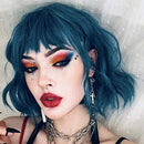 ROSEBUD Wavy Bob Wig with Bangs Natural Blue Wig Synthetic Hair Shoulder Length Short Curly Wigs for Women Rose bud