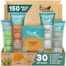 Travel Size Hotel Toiletry Set 150 Count 0.85 oz Bottles Guest Amenities for Vacation Rentals and Short Term Rentals Paraben Free White Tea Scent Infused with Aloe and Olive Oil by Eco Botanics Infinity Warehouse