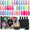 MEFA Gel Nail Polish Set 23 Pcs, Pastel Hot Pink Sage Green Blue Cotton Candy Colors All Seasons Nail Gel Kit with No Wipe Mirror & Matte Top and Base Coat for Starter Soak Off Nail Art Salon Design Manicure with Gift Box MEFA