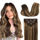 GOO GOO Remy Hair Extensions 16 Inch 7pcs 120g Chocolate Brown to Caramel Blonde Mixed Brown Balayage Thick Straight Hair Clip in Human Hair Extensions Real Hair Extensions GOO GOO