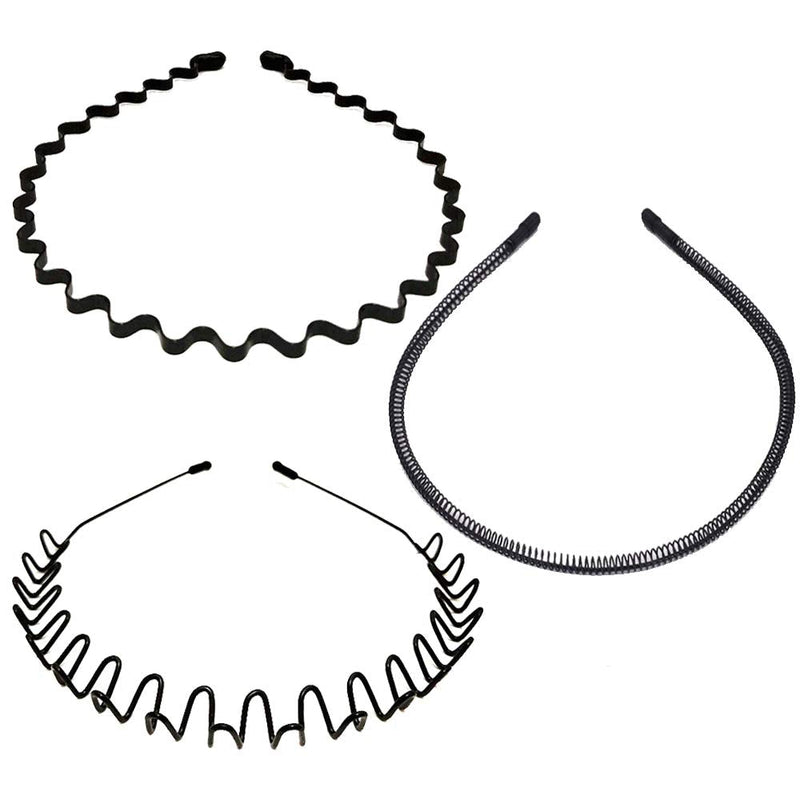 3PCS Metal Hairbands, Black Fashion Spring Headband for Men & Women,Unisex Elastic Sports Wide Hair Band Hoop Clips Accessories Etercycle
