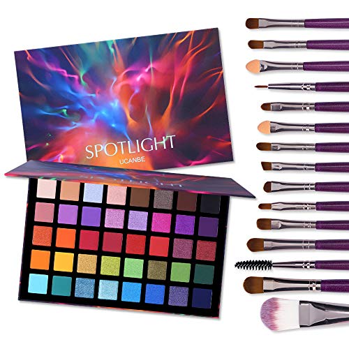 UCANBE Spotlight Eyeshadow Palette + 15 PCS Eye Brushes Makeup Set, Professional 40 Color Matte Shimmer Glitter Eye Shadow Pallet Highly Pigmented Waterproof Long Lasting Make up Pallete UCANBE