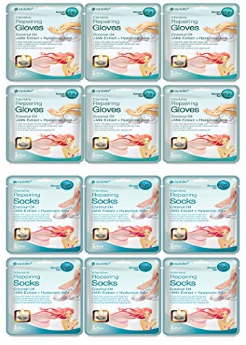 Epielle Intensive Repairing Masks for Hand and Foot (Glove & Socks-12pk) Dry Hand, Dry & Cracked Heel to toe Spa Masks Coconut Oil + Milk Extract + Hyaluronic Acid | Gift set for women, Spa Gift for women Epielle