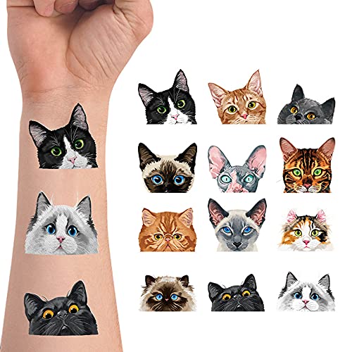WIRESTER Temporary Tattoo Stickers for Girls Boys Kids Adults, Fake Tattoos on Face Hand Neck Wrist Party Favor Body Art, Tattoo Sheet 6 x 7.87 inch - Cat Designs (Tuxedo, Tabby Kitten, Ragdoll Cat) WIRESTER