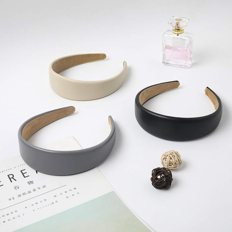 Headbands Women Hair Head Bands - 3 Wide Leather Headband Fashion Cute Hairbands Hair Accessories for Girls and Women Headbands Made of Soft PU (Classics Black Rich Soft Grey) Ivyu