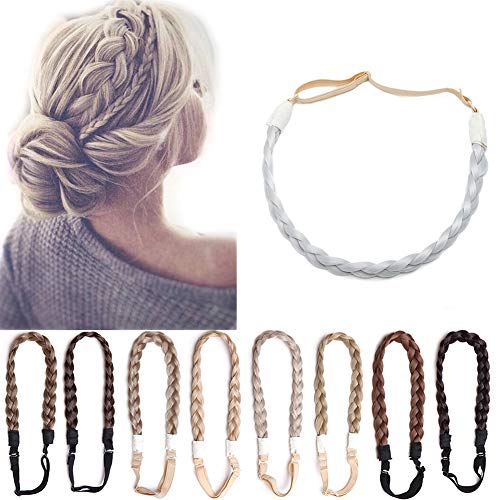 [2 PIECES] Twist Braided Hair Headbands 3 Strands Synthetic Hair Classic Chunky Wide Braids Elastic Stretch Plaited Braid Hairpiece Women Beauty Accessory 30g / Silver Grey S-noilite