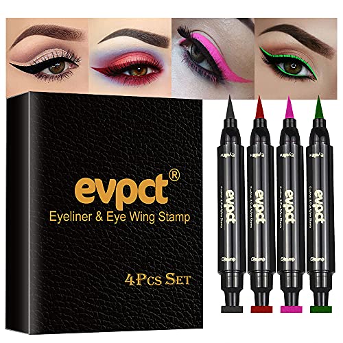 4 Color Winged Eyeliner Stamps Set,evpct Wing Waterproof Eyeliner Stamp Tool Wingliner,Black Red Pink Green Matte Liquid Eyeliner Colorful Set Colored Cat Eye Stamp Eyeliner Liners Pencil Pen Kit evpct